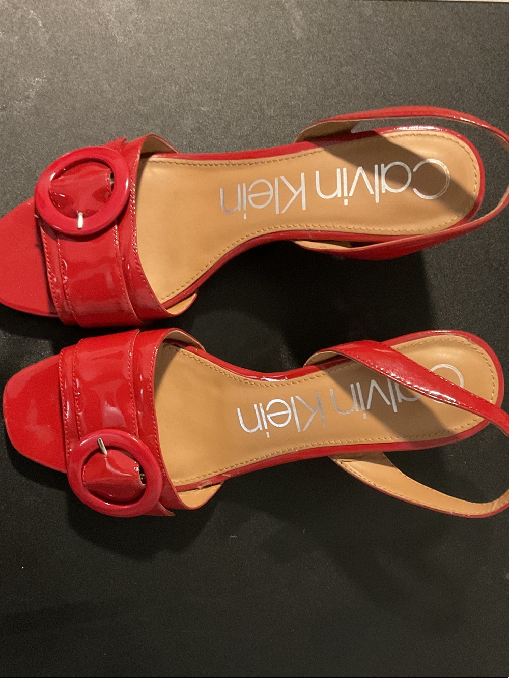 Calvin Klein Red Patent Slingback Sandals with Buckle Accent